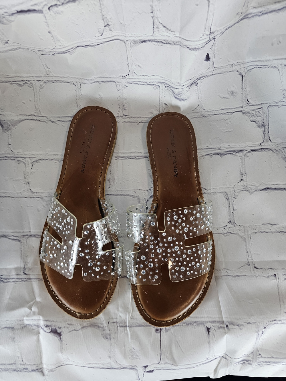 Rock & Candy Clear Studded Slide Sandals with Brown Footbed